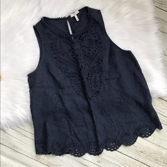 Joie Linen Tank Top Encycllia Blue Scallop Hem - Picture 3 of 8